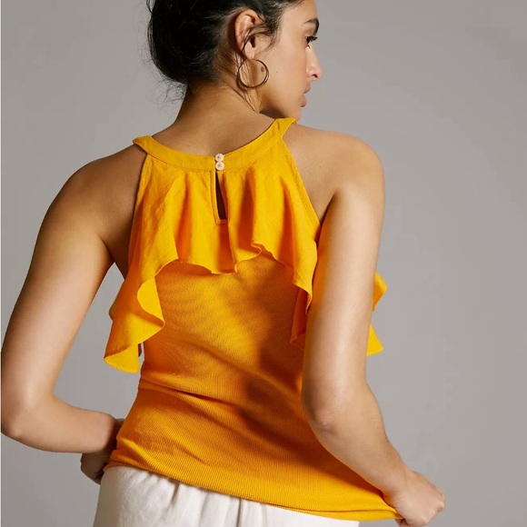 Anthropologie Maeve Ruffled Rib Halter Tank in Mango size Extra Small - NWT - Picture 2 of 16